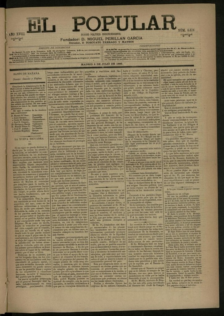 Miniatura de El Popular: diario independiente, político, literario y de noticias de interés general del 9 de julio de 1886, nº 6619