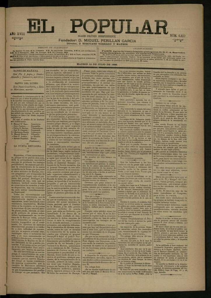 Miniatura de El Popular: diario independiente, político, literario y de noticias de interés general del 10 de julio de 1886, nº 6620
