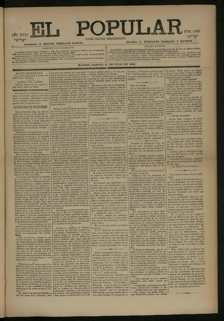 Miniatura de El Popular: diario independiente, político, literario y de noticias de interés general del 31 de julio de 1886, nº 6638