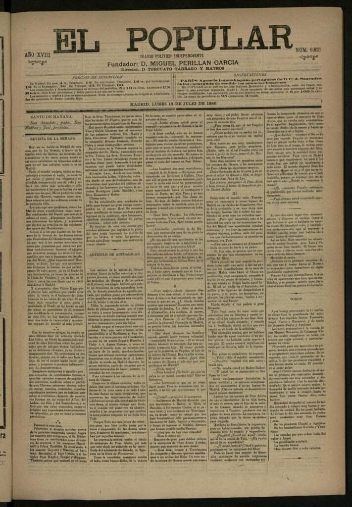 Miniatura de El Popular: diario independiente, político, literario y de noticias de interés general del 12 de julio de 1886, nº 6621
