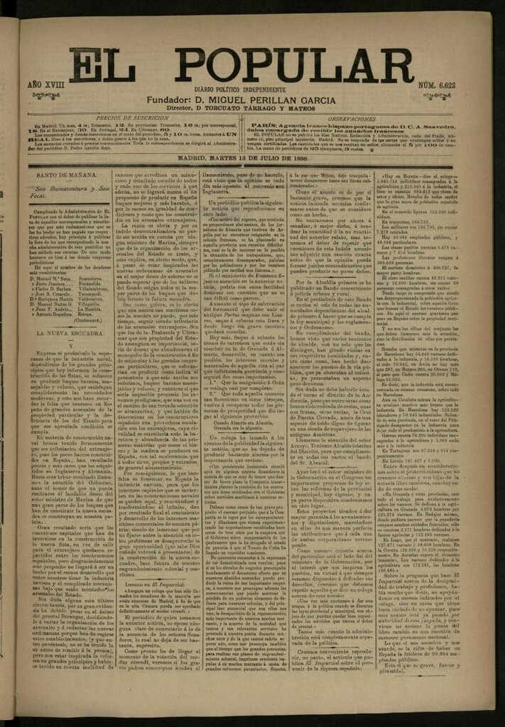 Miniatura de El Popular: diario independiente, político, literario y de noticias de interés general del 13 de julio de 1886, nº 6622