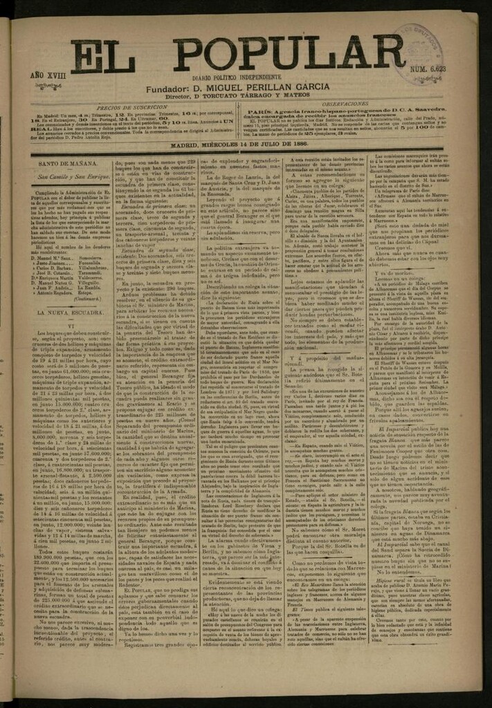 Miniatura de El Popular: diario independiente, político, literario y de noticias de interés general del 14 de julio de 1886, nº 6623