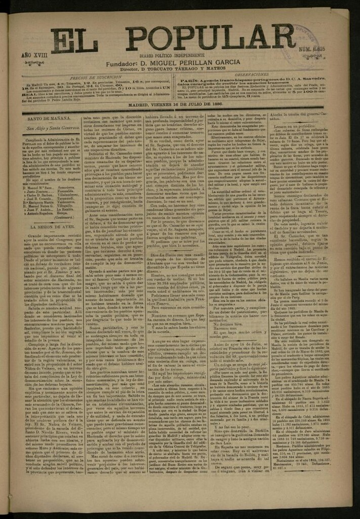 Miniatura de El Popular: diario independiente, político, literario y de noticias de interés general del 16 de julio de 1886, nº 6625