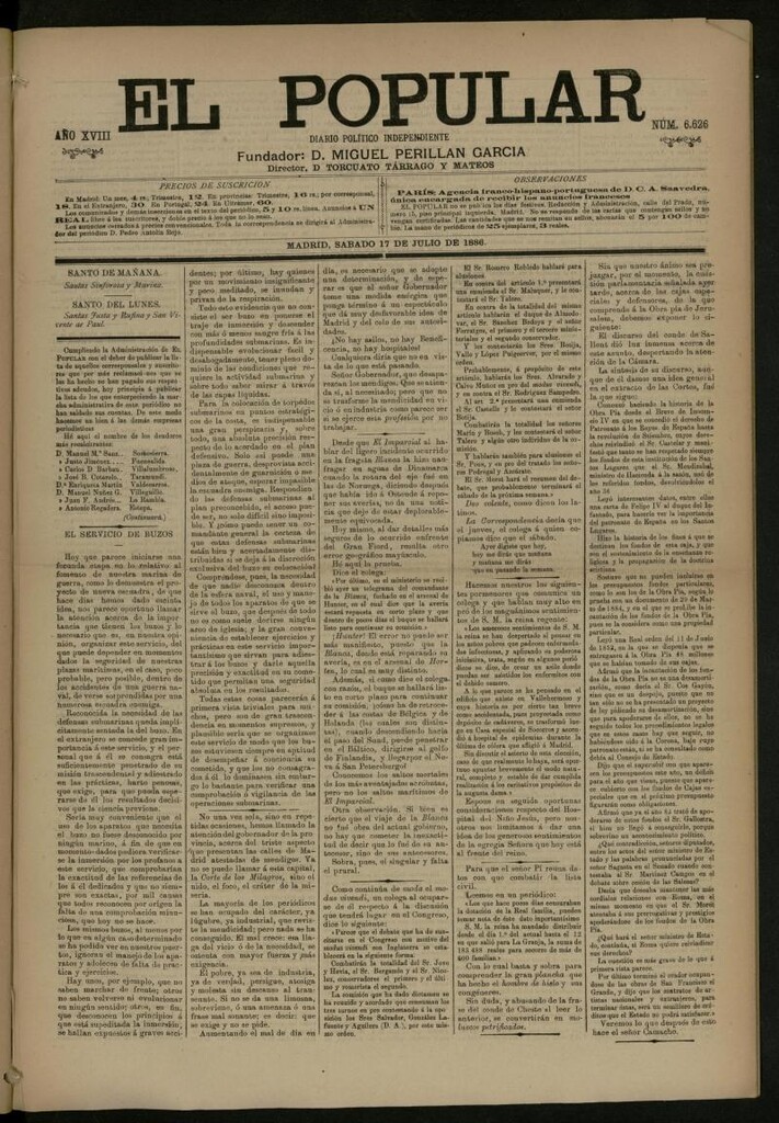 Miniatura de El Popular: diario independiente, político, literario y de noticias de interés general del 17 de julio de 1886, nº 6626