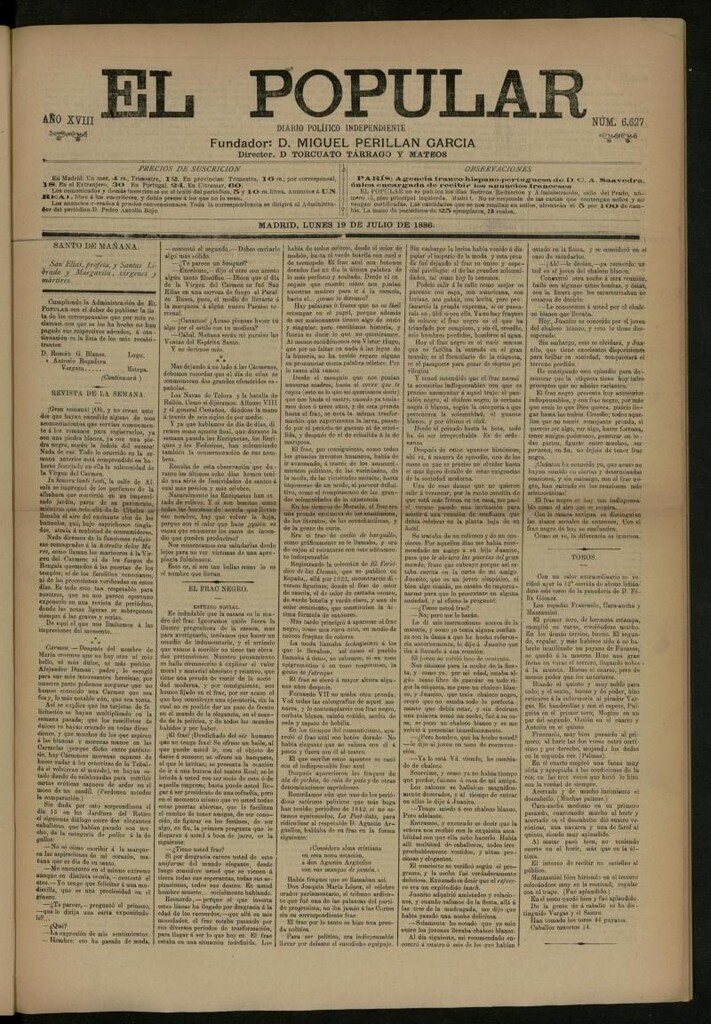 Miniatura de El Popular: diario independiente, político, literario y de noticias de interés general del 19 de julio de 1886, nº 6627