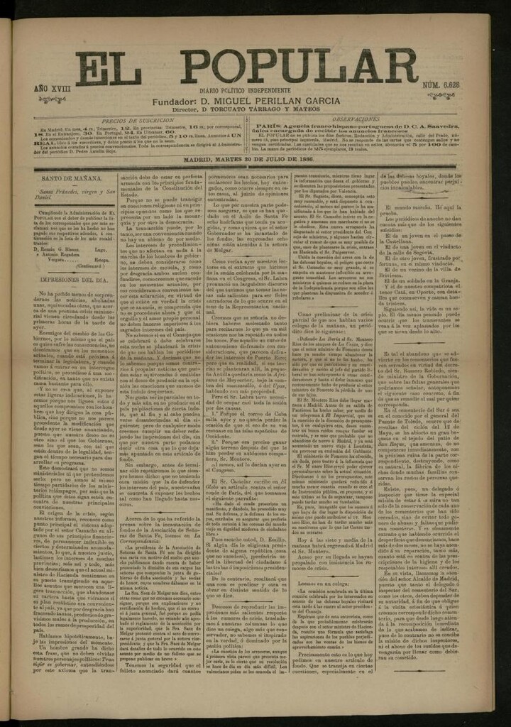 Miniatura de El Popular: diario independiente, político, literario y de noticias de interés general del 20 de julio de 1886, nº 6628