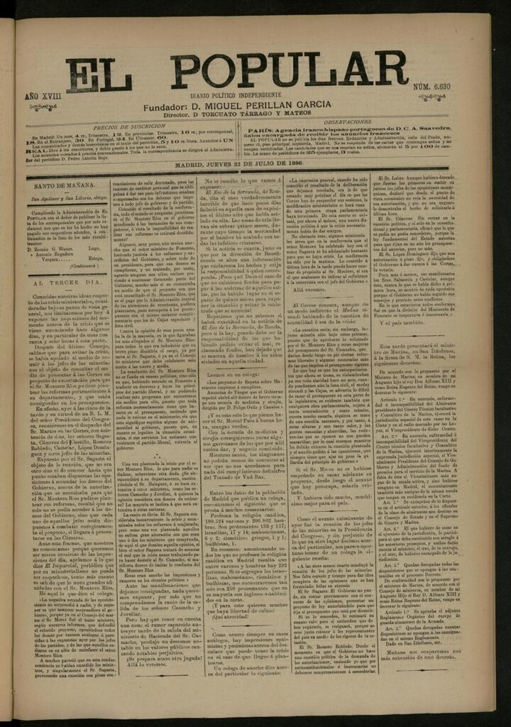Miniatura de El Popular: diario independiente, político, literario y de noticias de interés general del 22 de julio de 1886, nº 6630