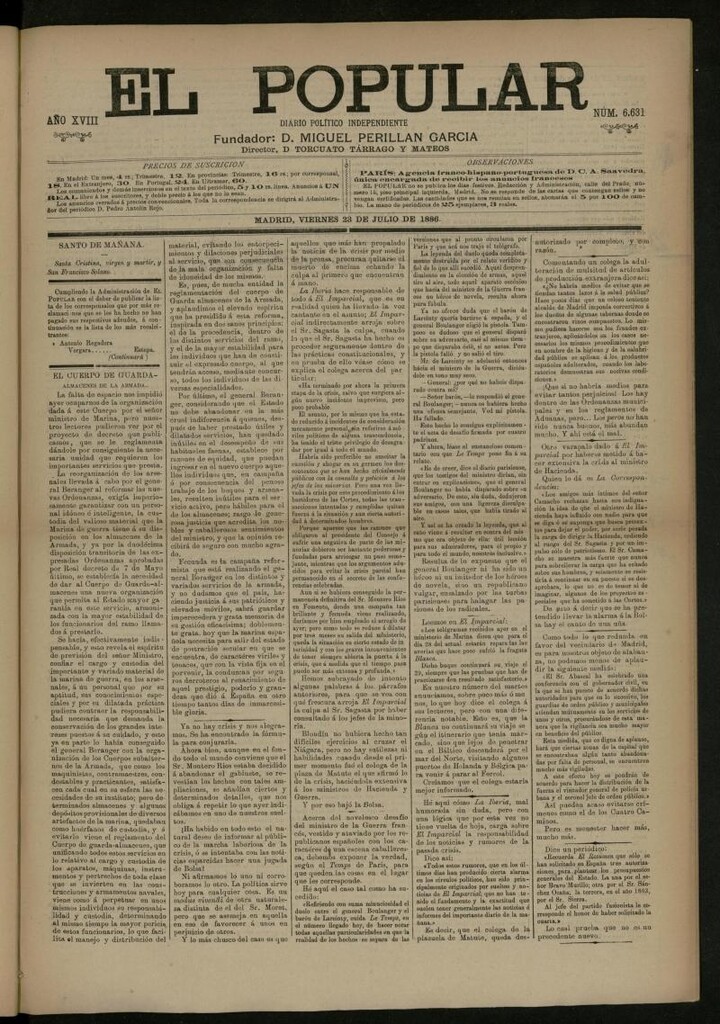 Miniatura de El Popular: diario independiente, político, literario y de noticias de interés general del 23 de julio de 1886, nº 6631