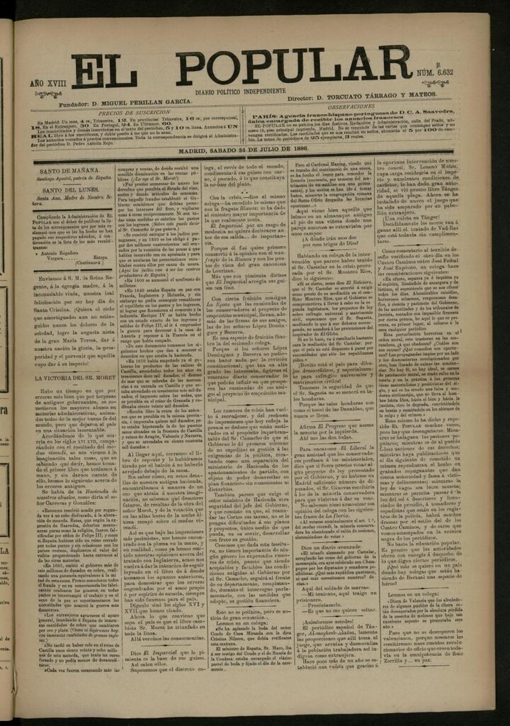 Miniatura de El Popular: diario independiente, político, literario y de noticias de interés general del 24 de julio de 1886, nº 6632