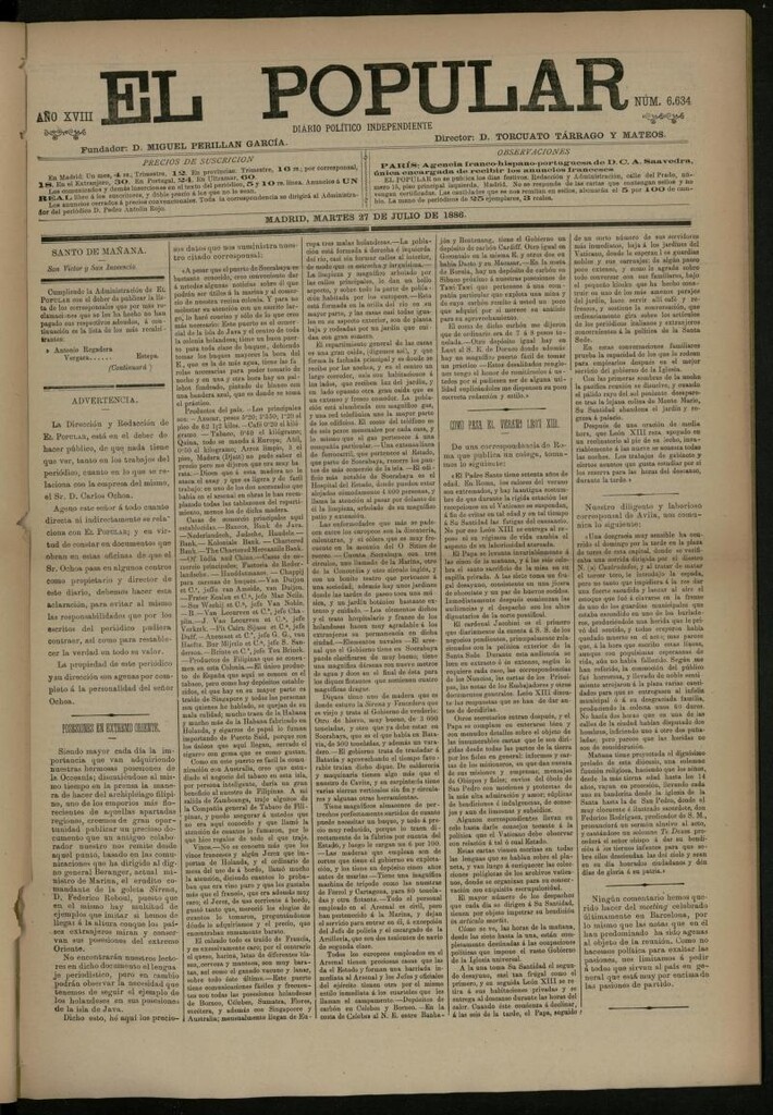 Miniatura de El Popular: diario independiente, político, literario y de noticias de interés general del 27 de julio de 1886, nº 6634