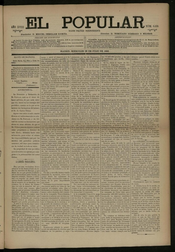 Miniatura de El Popular: diario independiente, político, literario y de noticias de interés general del 28 de julio de 1886, nº 6635