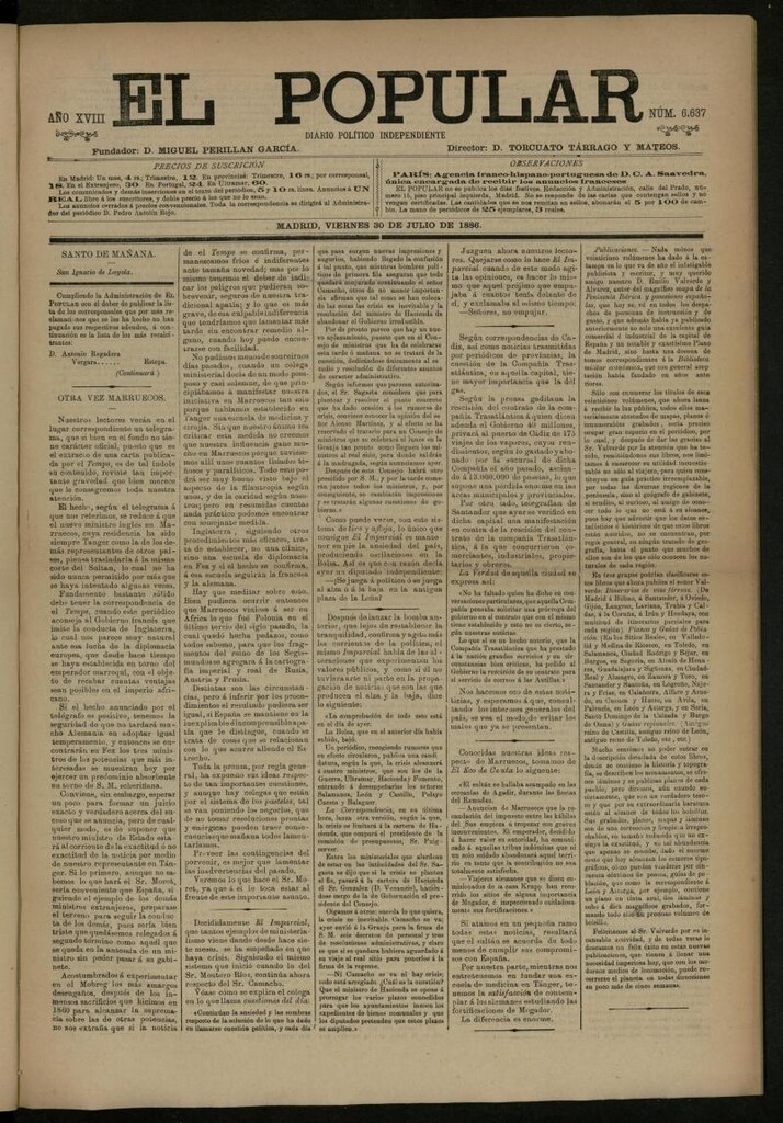 Miniatura de El Popular: diario independiente, político, literario y de noticias de interés general del 30 de julio de 1886, nº 6637