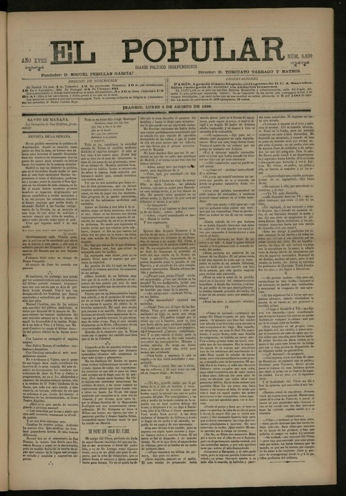 Miniatura de El Popular: diario independiente, político, literario y de noticias de interés general del 2 de agosto de 1886, nº 6639