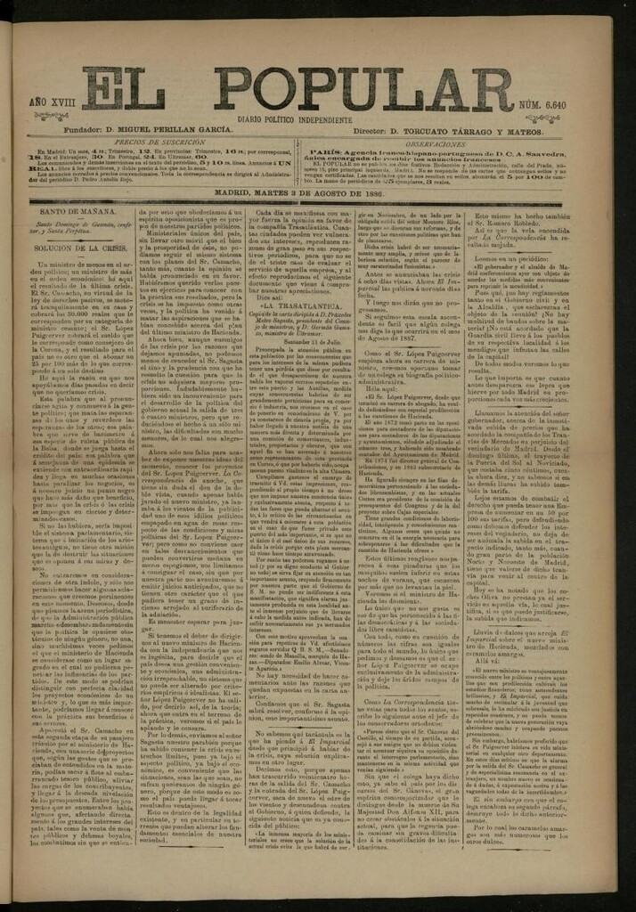 Miniatura de El Popular: diario independiente, político, literario y de noticias de interés general del 3 de agosto de 1886, nº 6640