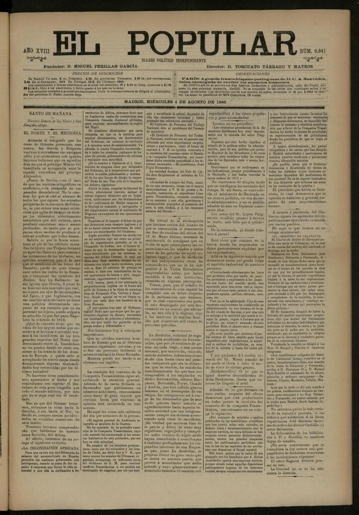 Miniatura de El Popular: diario independiente, político, literario y de noticias de interés general del 4 de agosto de 1886, nº 6641