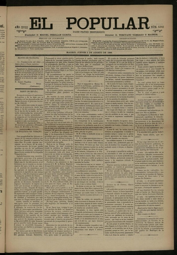 Miniatura de El Popular: diario independiente, político, literario y de noticias de interés general del 5 de agosto de 1886, nº 6642