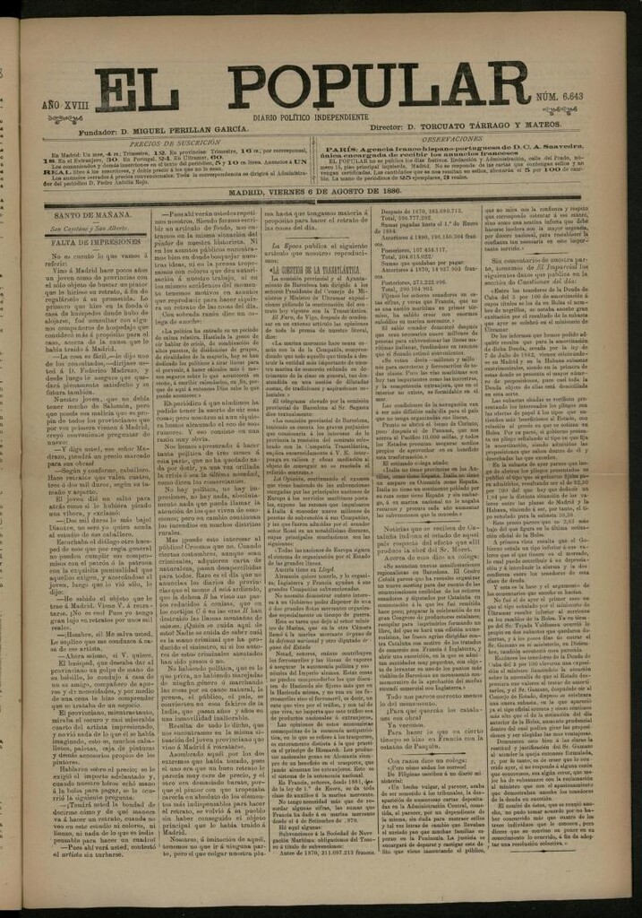 Miniatura de El Popular: diario independiente, político, literario y de noticias de interés general del 6 de agosto de 1886, nº 6643