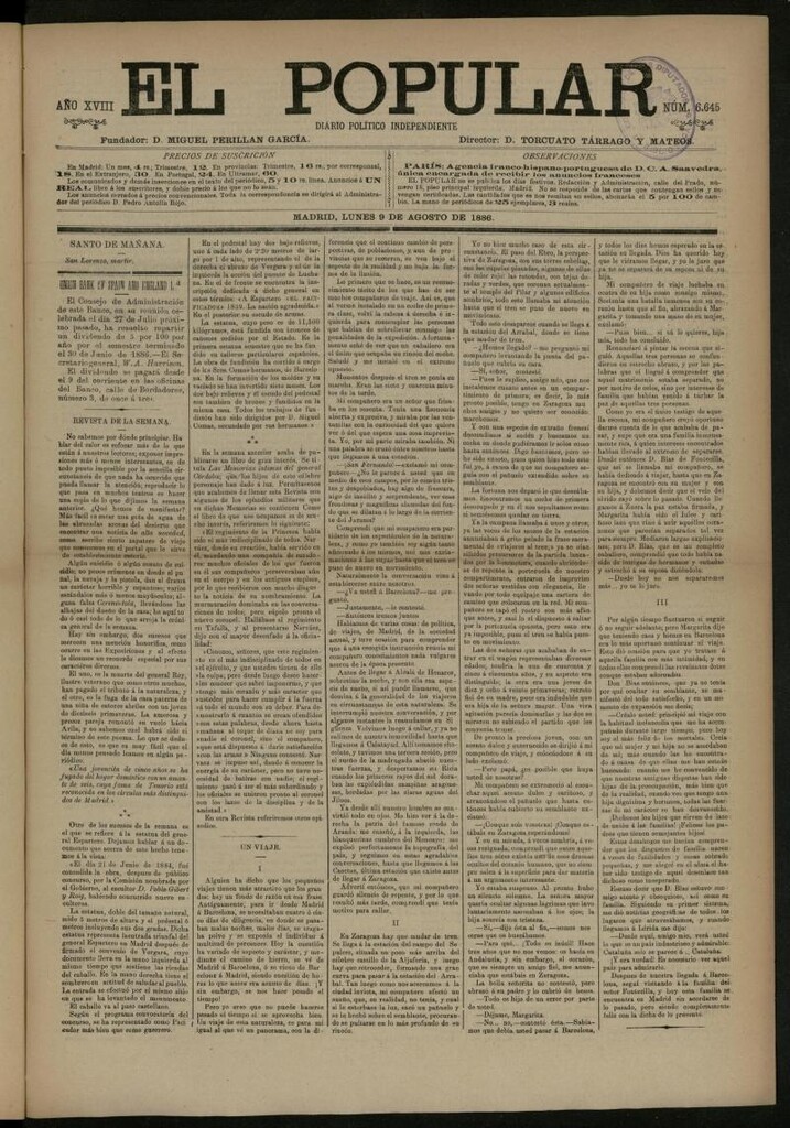 Miniatura de El Popular: diario independiente, político, literario y de noticias de interés general del 9 de agosto de 1886, nº 6645