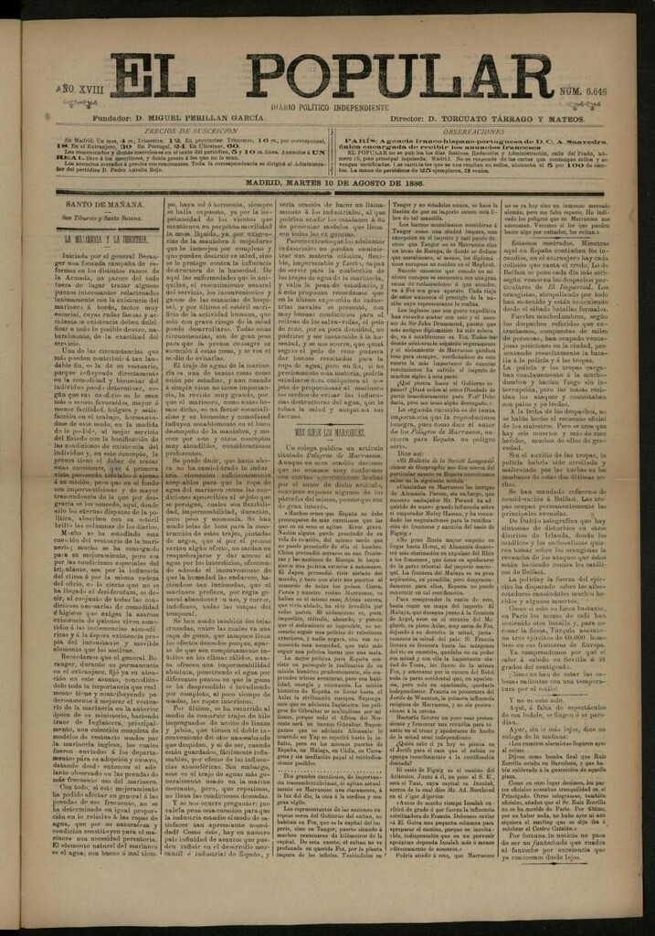 Miniatura de El Popular: diario independiente, político, literario y de noticias de interés general del 10 de agosto de 1886, nº 6646