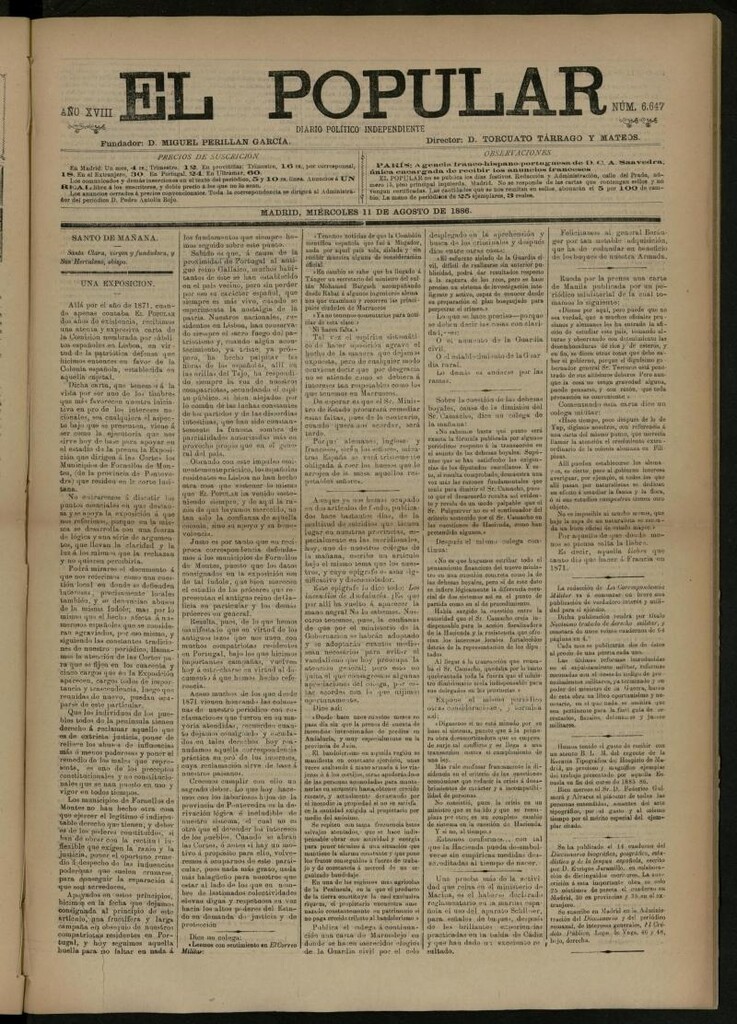 Miniatura de El Popular: diario independiente, político, literario y de noticias de interés general del 11 de agosto de 1886, nº 6647