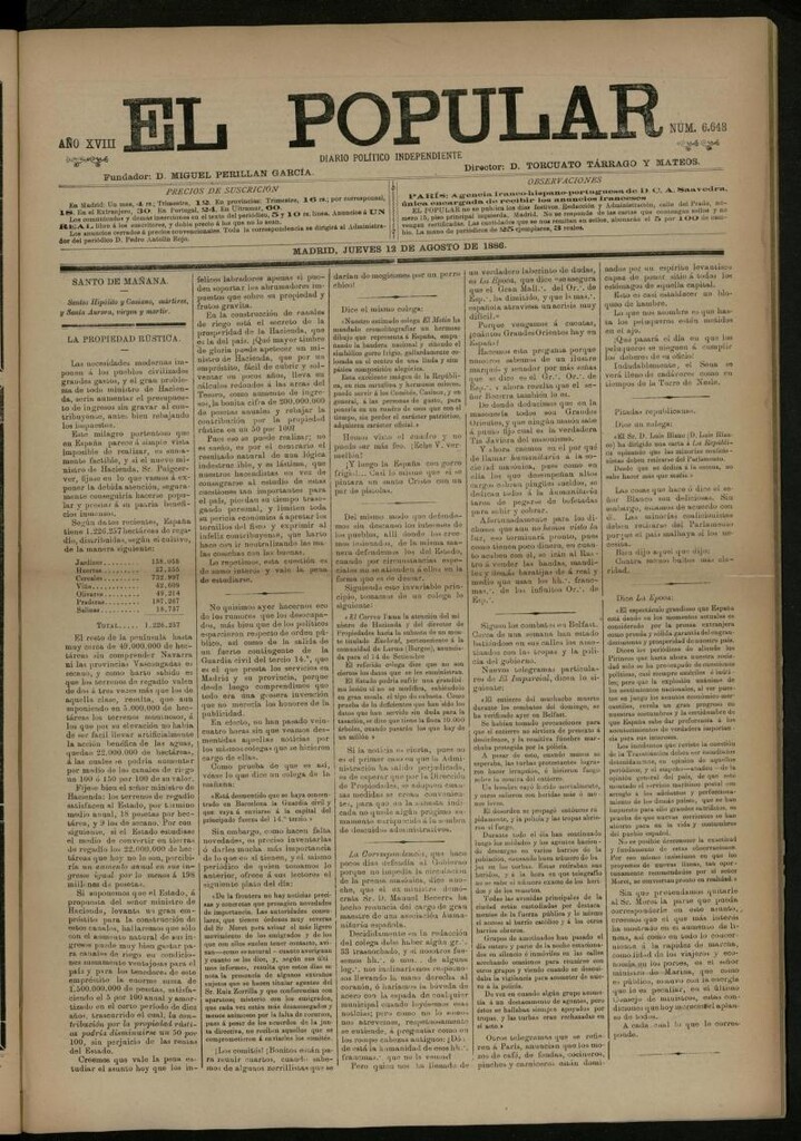 Miniatura de El Popular: diario independiente, político, literario y de noticias de interés general del 12 de agosto de 1886, nº 6648