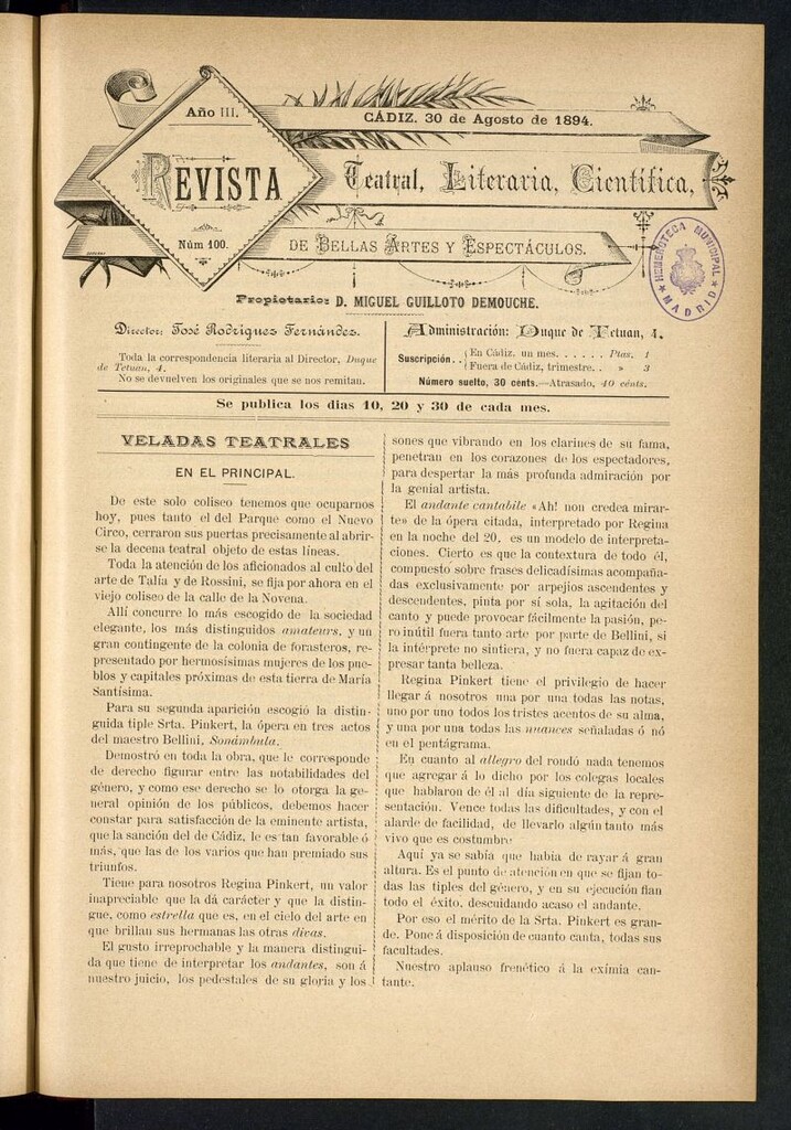 Miniatura de Revista Teatral, Literaria, Científica, de Bellas Artes y Espectáculos. Nº 100
