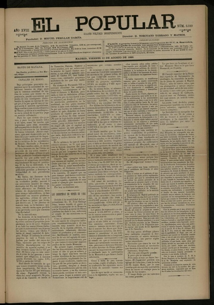 Miniatura de El Popular: diario independiente, político, literario y de noticias de interés general del 13 de agosto de 1886, nº 6649