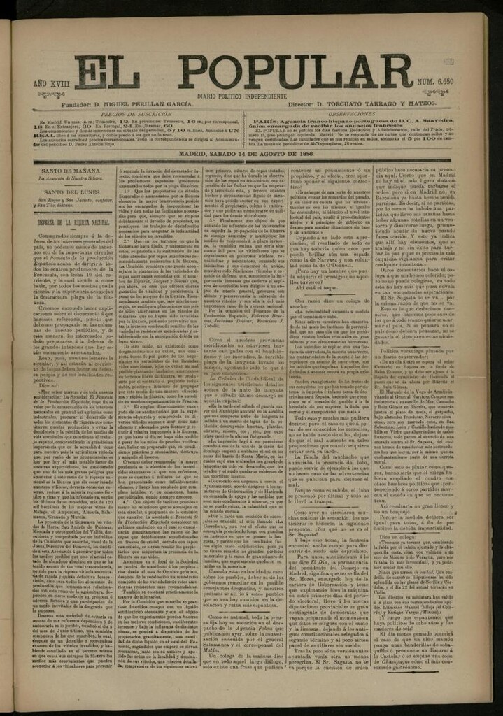 Miniatura de El Popular: diario independiente, político, literario y de noticias de interés general del 14 de agosto de 1886, nº 6650