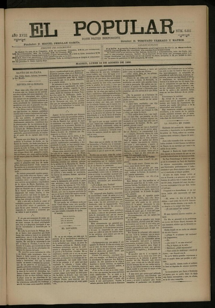 Miniatura de El Popular: diario independiente, político, literario y de noticias de interés general del 16 de agosto de 1886, nº 6651