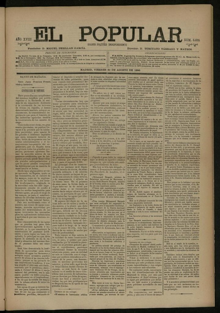 Miniatura de El Popular: diario independiente, político, literario y de noticias de interés general del 20 de agosto de 1886, nº 6655