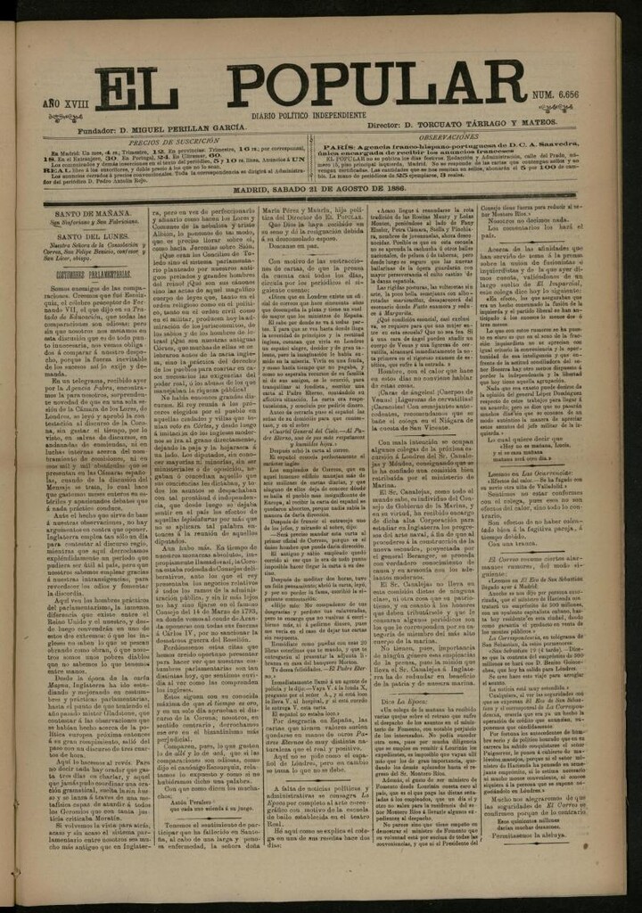 Miniatura de El Popular: diario independiente, político, literario y de noticias de interés general del 21 de agosto de 1886, nº 6656