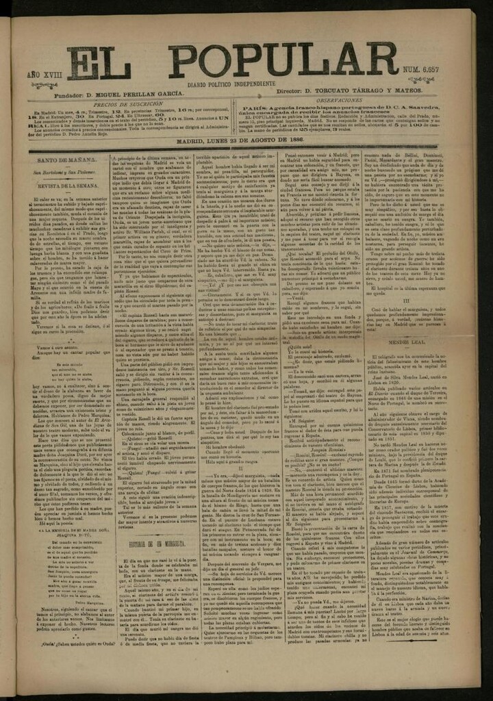 Miniatura de El Popular: diario independiente, político, literario y de noticias de interés general del 23 de agosto de 1886, nº 6657