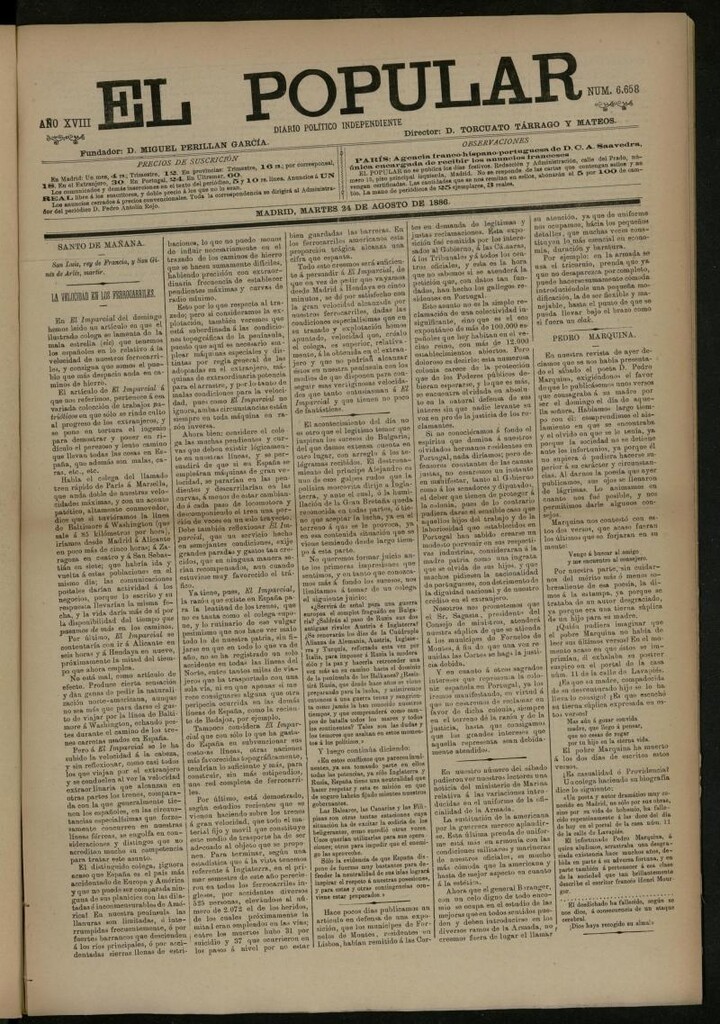 Miniatura de El Popular: diario independiente, político, literario y de noticias de interés general del 24 de agosto de 1886, nº 6658