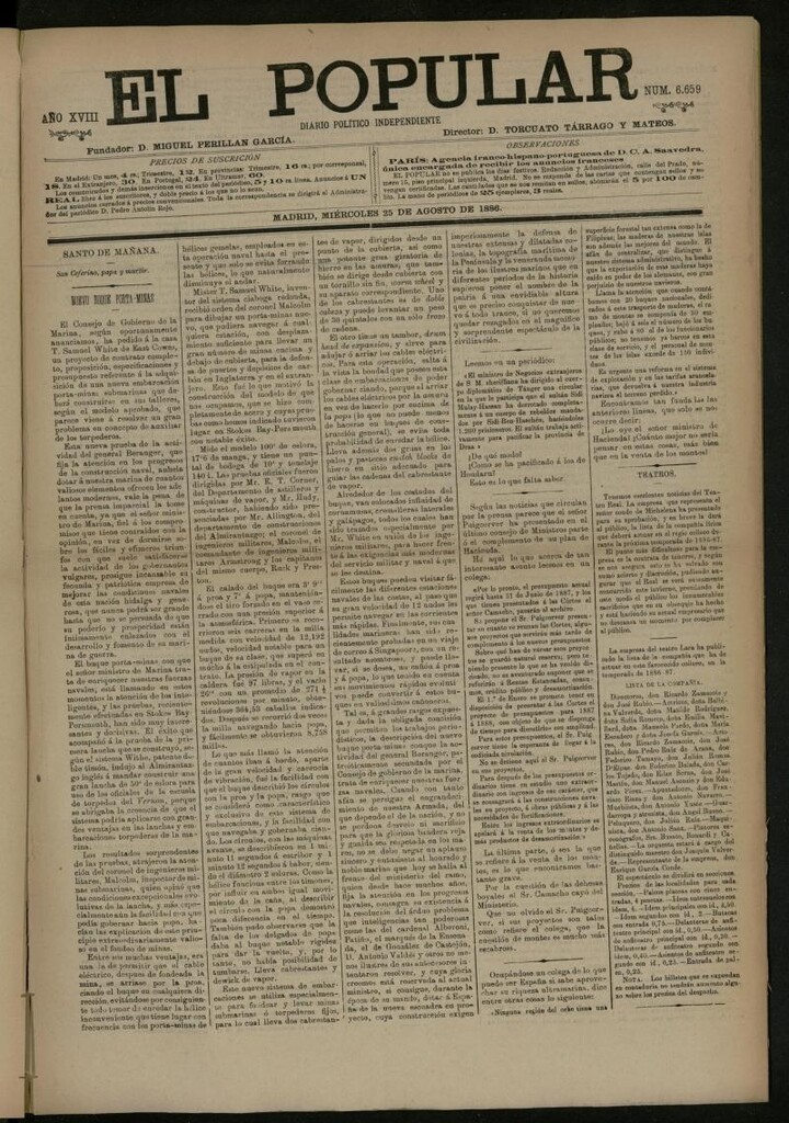 Miniatura de El Popular: diario independiente, político, literario y de noticias de interés general del 25 de agosto de 1886, nº 6659