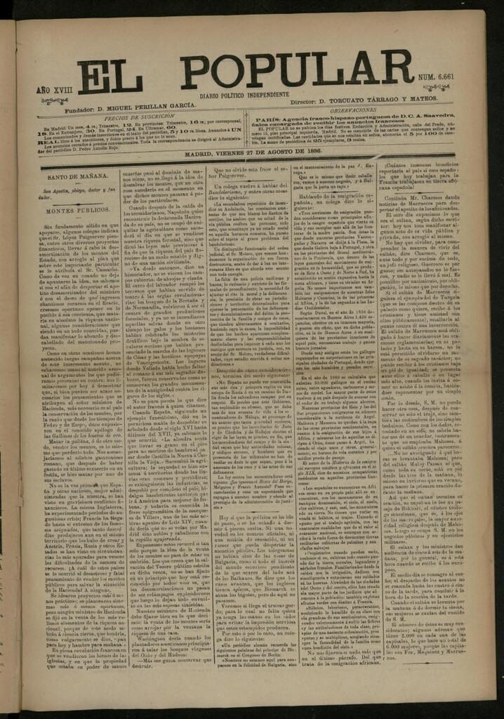 Miniatura de El Popular: diario independiente, político, literario y de noticias de interés general del 27 de agosto de 1886, nº 6661