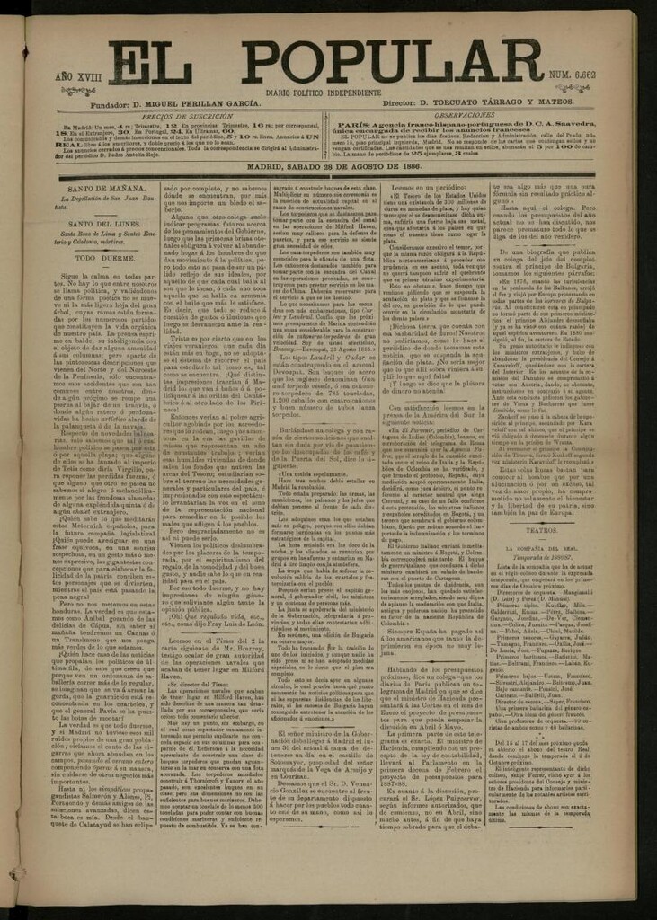 Miniatura de El Popular: diario independiente, político, literario y de noticias de interés general del 28 de agosto de 1886, nº 6662