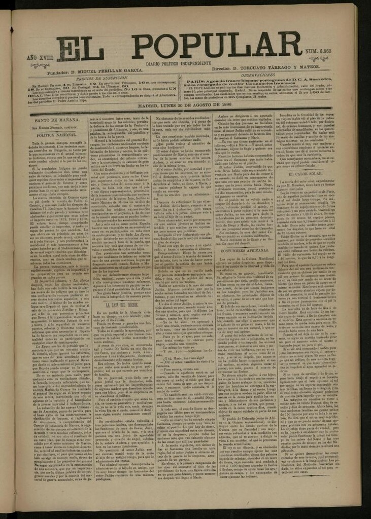 Miniatura de El Popular: diario independiente, político, literario y de noticias de interés general del 30 de agosto de 1886, nº 6663