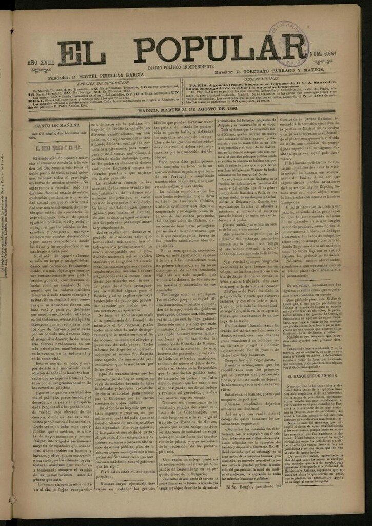 Miniatura de El Popular: diario independiente, político, literario y de noticias de interés general del 31 de agosto de 1886, nº 6664