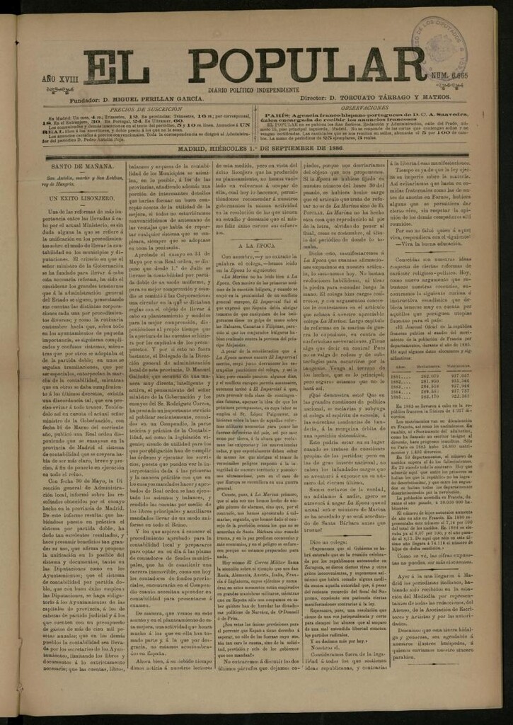 Miniatura de El Popular: diario independiente, político, literario y de noticias de interés general del 1 de septiembre de 1886, nº 6665