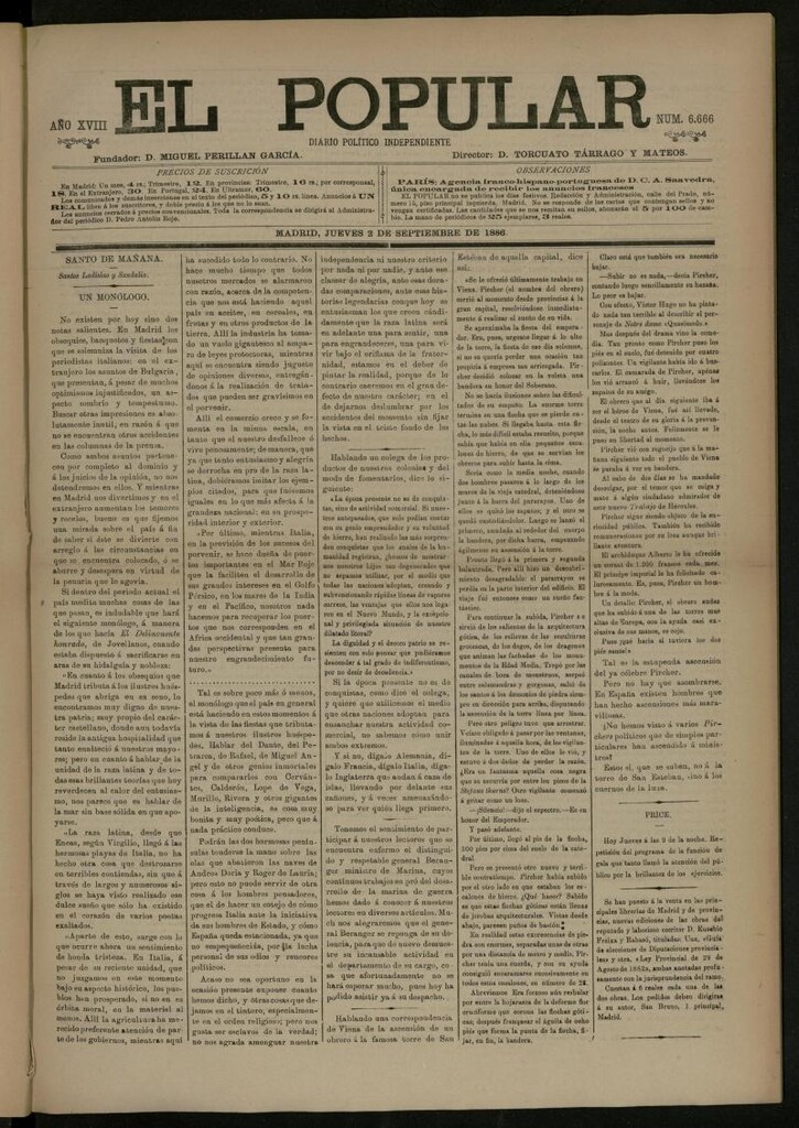 Miniatura de El Popular: diario independiente, político, literario y de noticias de interés general del 2 de septiembre de 1886, nº 6666
