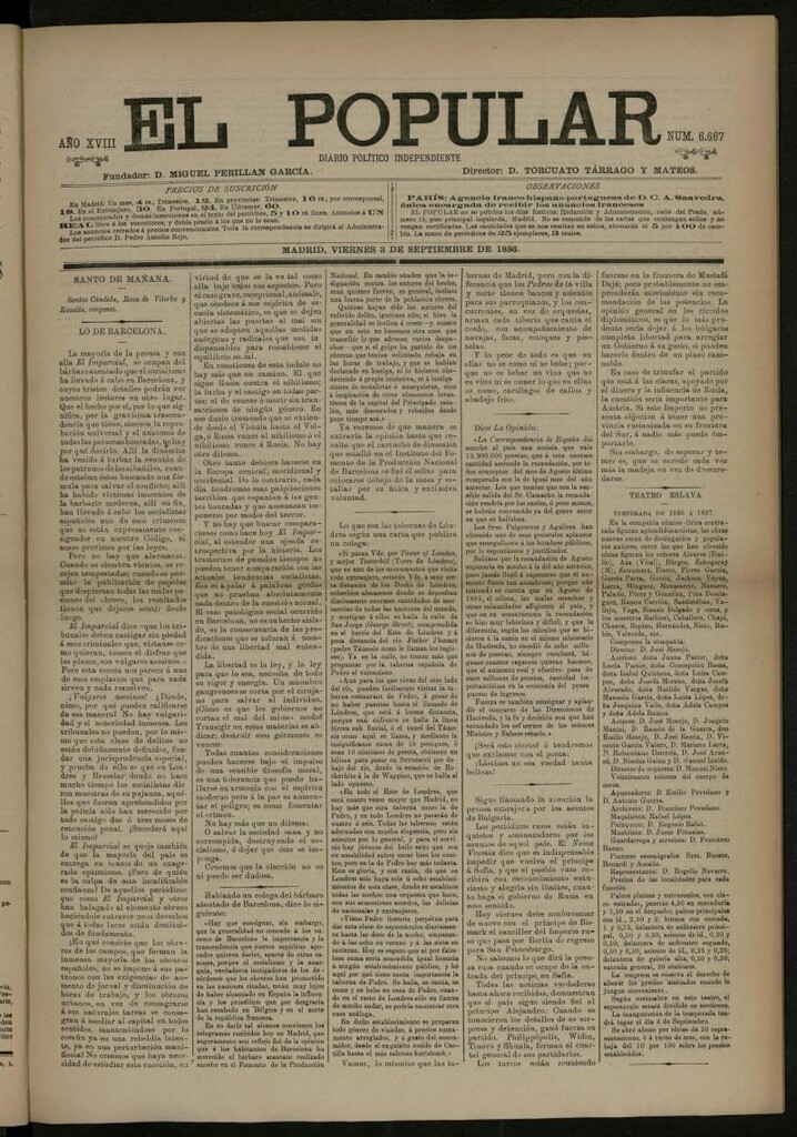 Miniatura de El Popular: diario independiente, político, literario y de noticias de interés general del 3 de septiembre de 1886, nº 6667