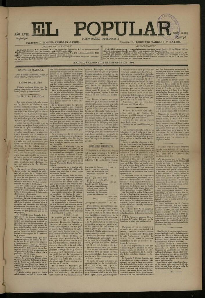 Miniatura de El Popular: diario independiente, político, literario y de noticias de interés general del 4 de septiembre de 1886, nº 6668