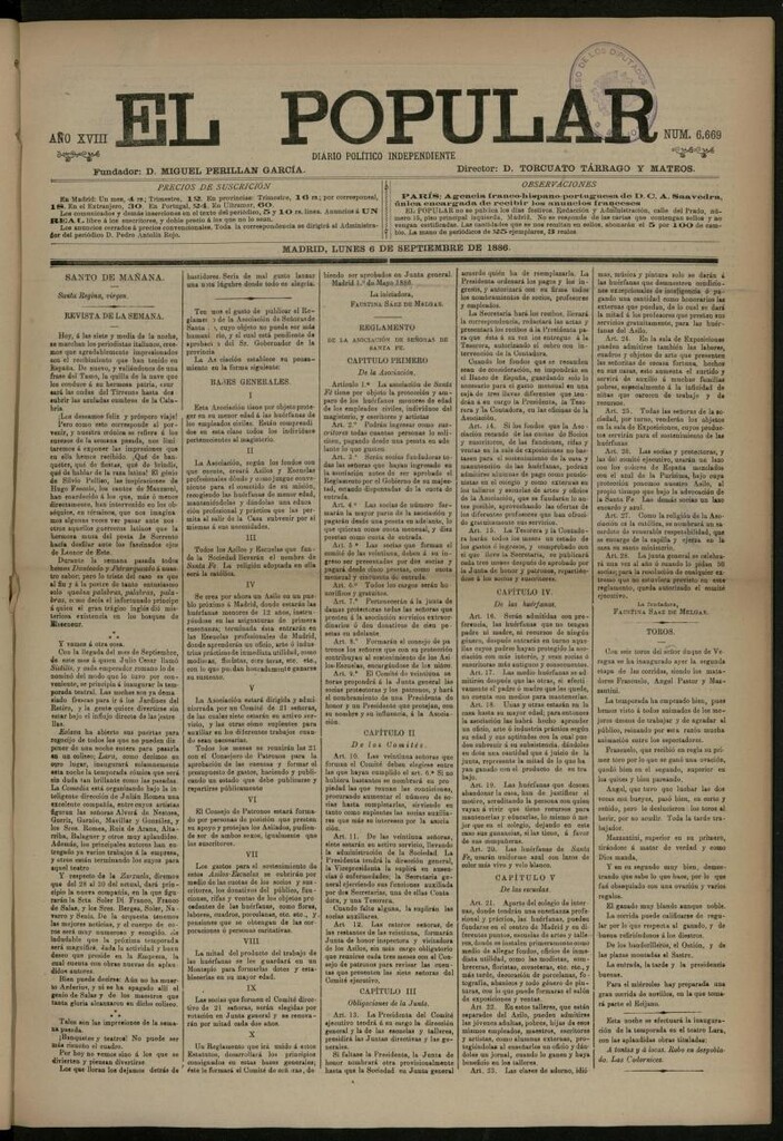 Miniatura de El Popular: diario independiente, político, literario y de noticias de interés general del 6 de septiembre de 1886, nº 6669