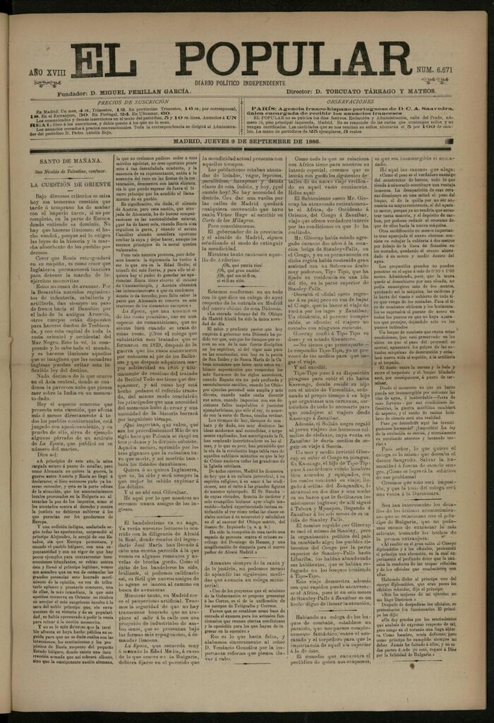 Miniatura de El Popular: diario independiente, político, literario y de noticias de interés general del 9 de septiembre de 1886, nº 6671