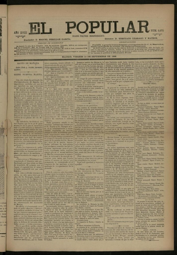 Miniatura de El Popular: diario independiente, político, literario y de noticias de interés general del 10 de septiembre de 1886, nº 6672