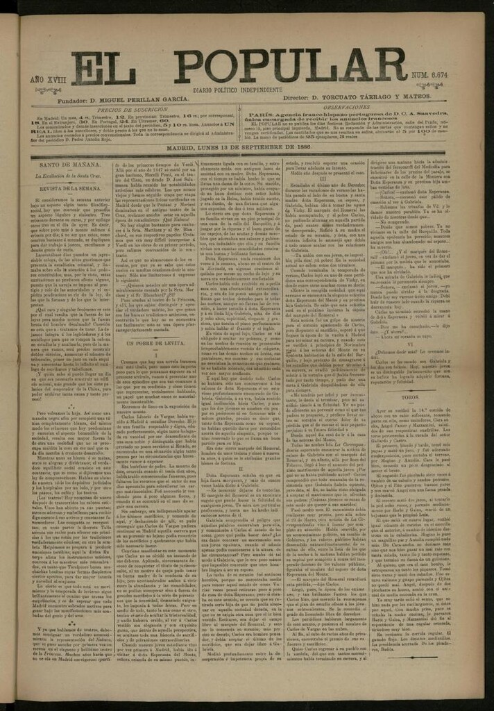 Miniatura de El Popular: diario independiente, político, literario y de noticias de interés general del 13 de septiembre de 1886, nº 6674