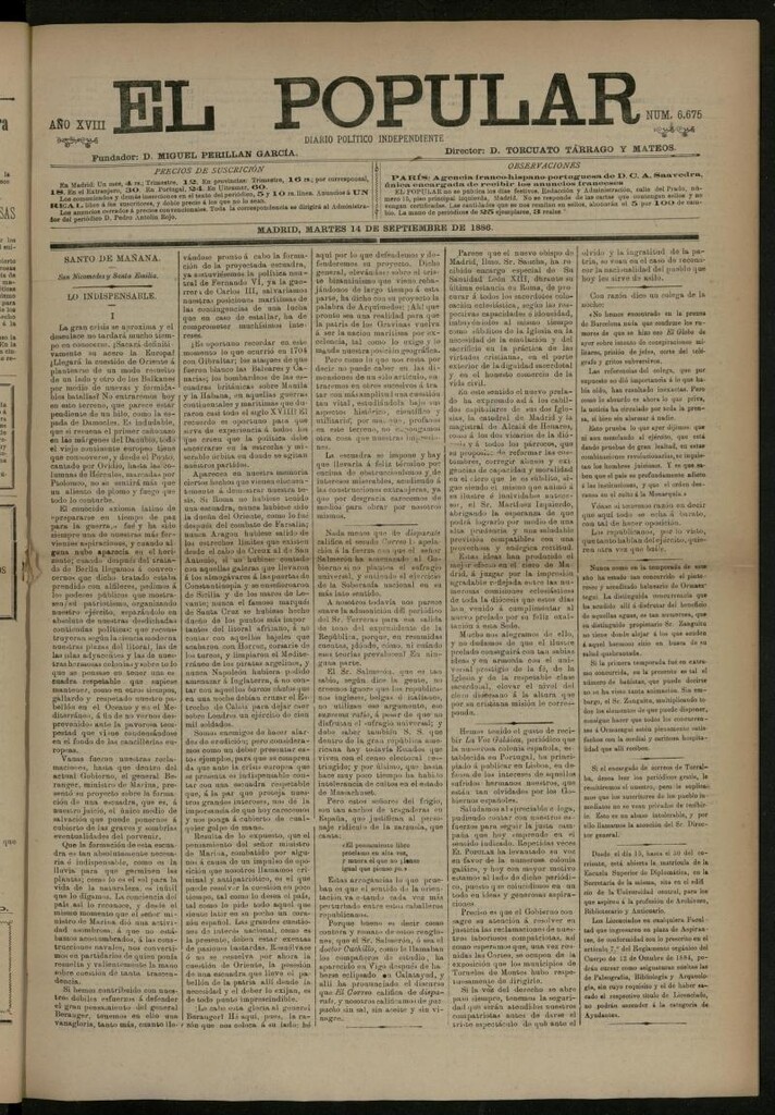 Miniatura de El Popular: diario independiente, político, literario y de noticias de interés general del 14 de septiembre de 1886, nº 6675