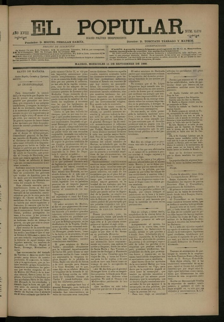 Miniatura de El Popular: diario independiente, político, literario y de noticias de interés general del 15 de septiembre de 1886, nº 6676