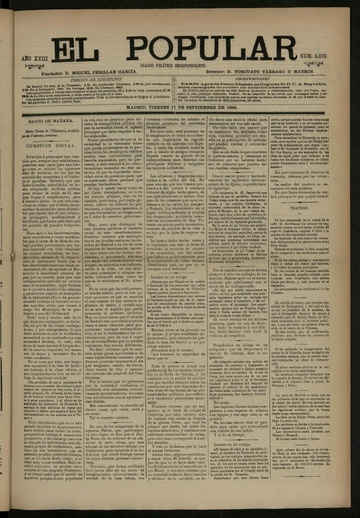 Miniatura de El Popular: diario independiente, político, literario y de noticias de interés general del 17 de septiembre de 1886, nº 6678