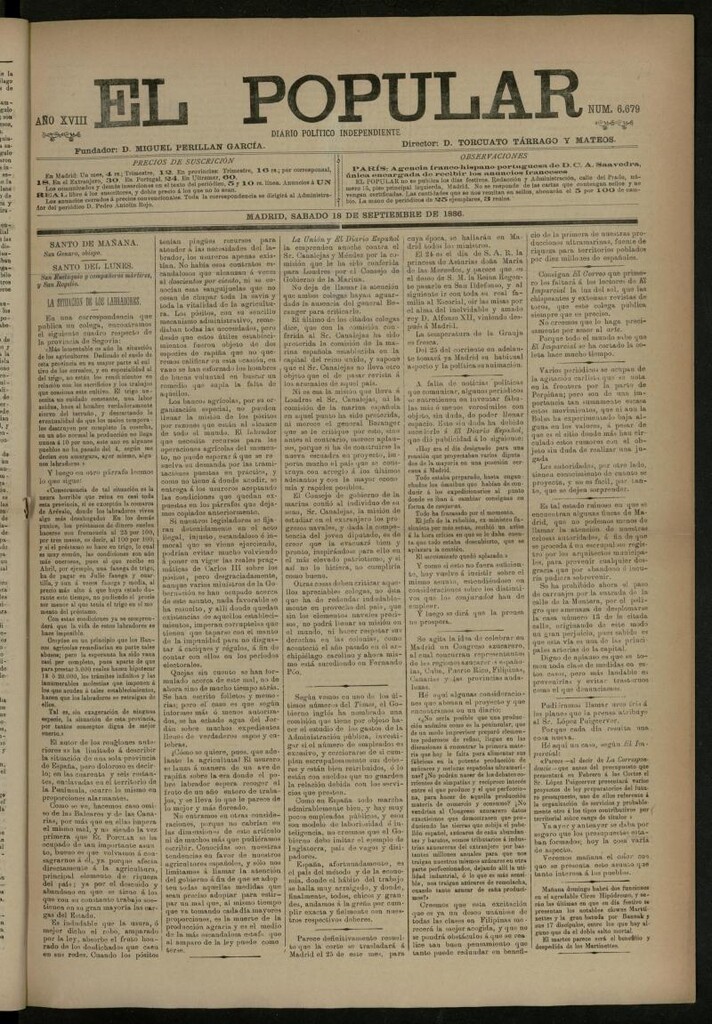 Miniatura de El Popular: diario independiente, político, literario y de noticias de interés general del 18 de septiembre de 1886, nº 6679